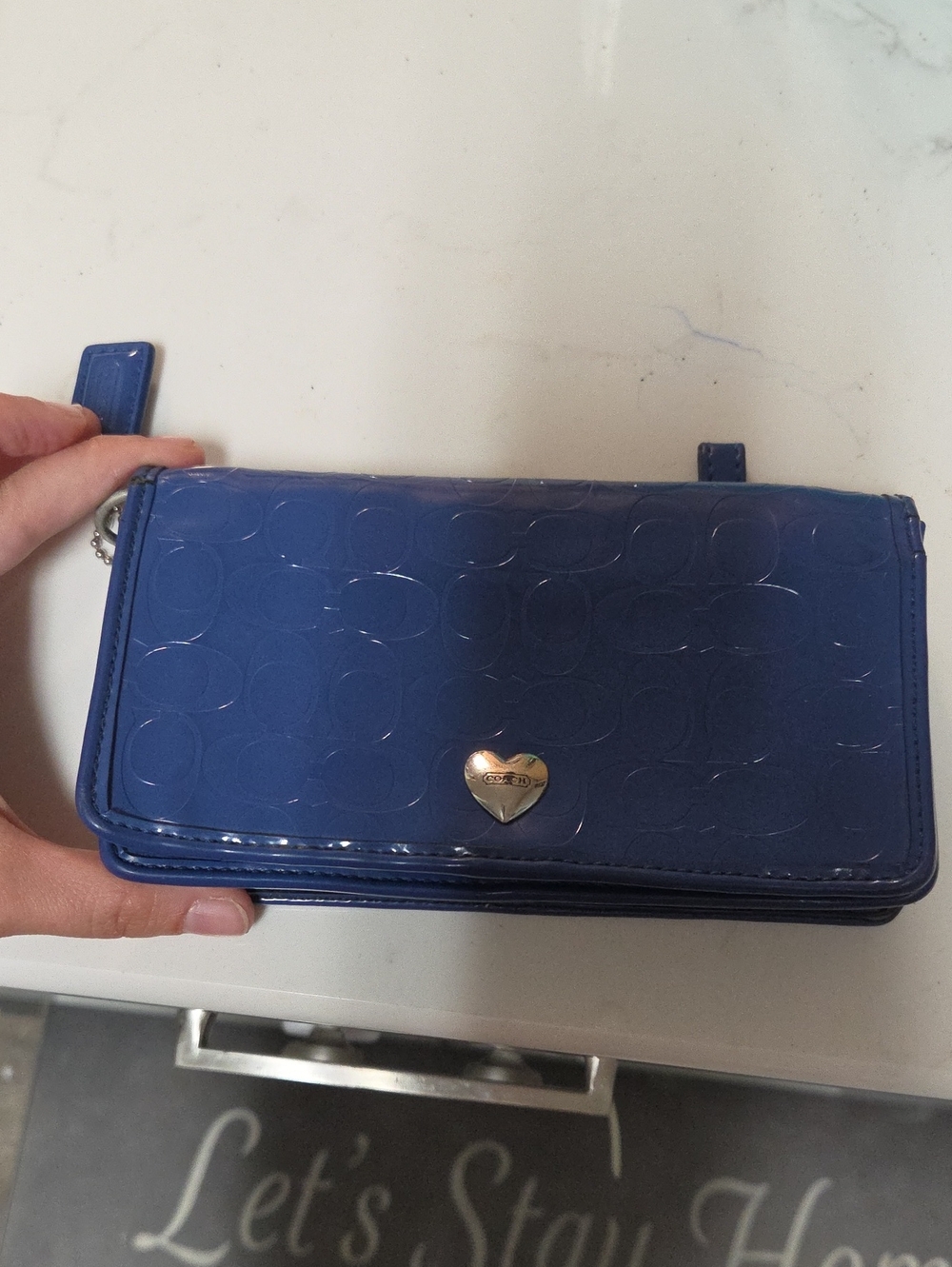 Coach Patent Leather Wallet in Deep Blue with Heart Logo
